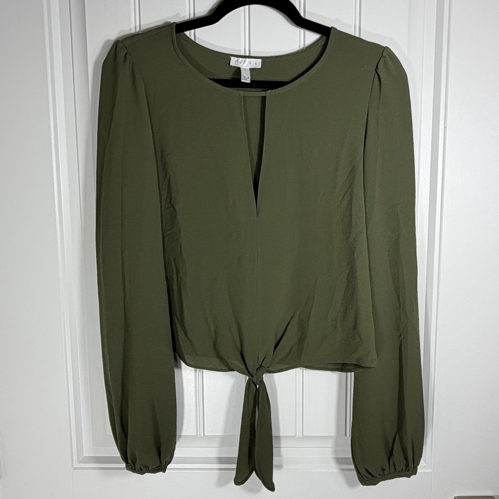 Leith Women's Small Olive Green Tie Front Long Sleeve Blouse Keyhole Top